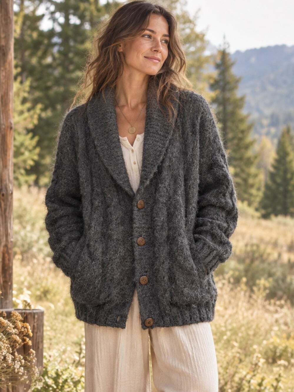 Handmade Ecuador Baby Alpaca Charcoal Cable Knit Shawl Collar Cardigan